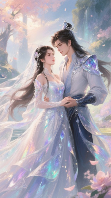 完美世界石昊和云曦的婚纱照，保留两人原作相貌特征，婚纱礼服造型，氛围浪漫温馨，数码厚涂2K高清风格预览效果