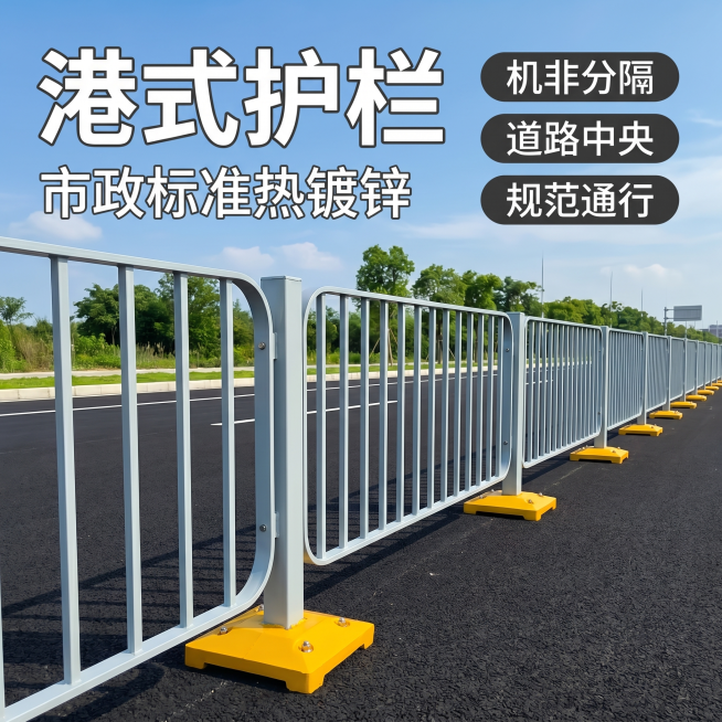 [主图-1] 首图展示市政道路上的港式护栏实景。保持港式护栏外观（物理结构、材质质感、浅灰色管身黄色底座）与输入产品图绝对一致，杜绝任何变形和色差，精细化处理。商品主体占比严格控制在60%-80%之间预览效果