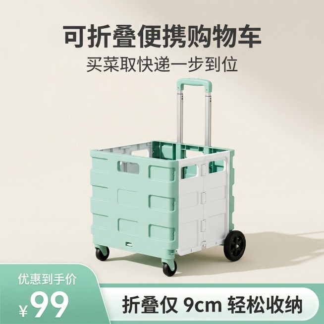 核心视觉规范关键词：整洁收纳，极简主义，高亮通透，清新生活感。可折叠便携购物车首图，两轮大号款薄荷绿与白色拼接折叠购物车居中展示，展开状态整体展示，产品占画面百分之七十区域，底部通栏占百分之三十区域。预览效果
