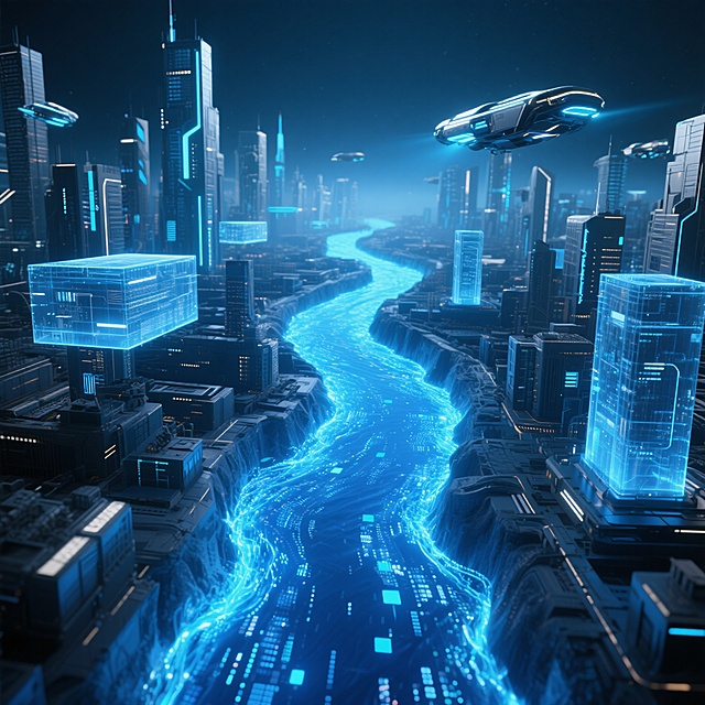 未来科技城市背景，一条充满蓝色能量光效的逆流而上的数据流，形似河流，数据粒子在其中向上流动，周围有悬浮的全息投影建筑和飞行器，整体色调以深蓝、银灰为主，带有霓虹光感，画面充满未来感和科技动感