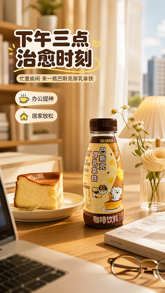 [商品] 使用【图1】永璞巴斯克厚乳拿铁咖啡饮料瓶装产品；保留瓶身全部结构、文字、图案和颜色。产品自然立放于场景中，占画面约35%。
[画面] 目标：下午茶场景种草，营造居家/办公轻松享用的生活氛围。构图：场景沉浸型，产品融入真实生活场景。主体位置：画面中下部偏右，置于木质书桌/餐桌上。景别：中景带环境。阅读动线：从上至下，先感受场景氛围再注意产品。前中后景：前景打开的笔记本电脑一角、一本杂志、一副眼镜；中景产品瓶旁边放着半块巴斯克芝士蛋糕、一支小花；后景虚化的书架/窗帘与暖黄台灯，窗外是午后城市光景，形成3层环境，整体温馨治愈，有居家办公下午茶的松弛感。
[视觉] 套系策略：风格=国内电商治愈系食品饮料商业摄影风；标题字=圆润可爱粗黑体（带轻描边）；正文字=简洁无衬线体；主色=暖奶咖棕；背景延展=基于暖奶咖棕做深浅层级、同色渐变和细腻奶油/纸张质感；强调色=芝士亮黄色，仅用于小面积图标、引线、标签和高光点缀；标题色=深巧克力棕；正文色=中暖棕；组件=圆角奶白底信息卡、细棕线引线、芝士黄小图标；光影=暖黄台灯光+自然光混合，柔和温馨，右前侧主光。
[文字] 左上区域主标题「下午三点 治愈时刻」，副标题「忙里偷闲 来一瓶巴斯克厚乳拿铁」；下方2个场景短句：「办公提神」「居家放松」，文字横排，置于左上留白处，不遮挡产品主体。
[规格] 单屏比例9:16竖版，分辨率4K，负向提示：避免场景杂乱、产品模糊、文字过小、冷色调、瓶身文字错乱、医疗功效宣传。