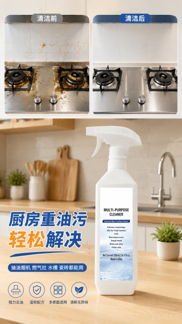 [第5屏] 厨房场景应用页-TK跨境多功能清洁剂。本屏使用【图1】作为商品主体。
[氛围/风格] 真实厨房场景，温馨干净，展示清洁前后效果对比。
[元素布局] 上下构图，上方左右分栏对比，左栏清洁前油预览效果