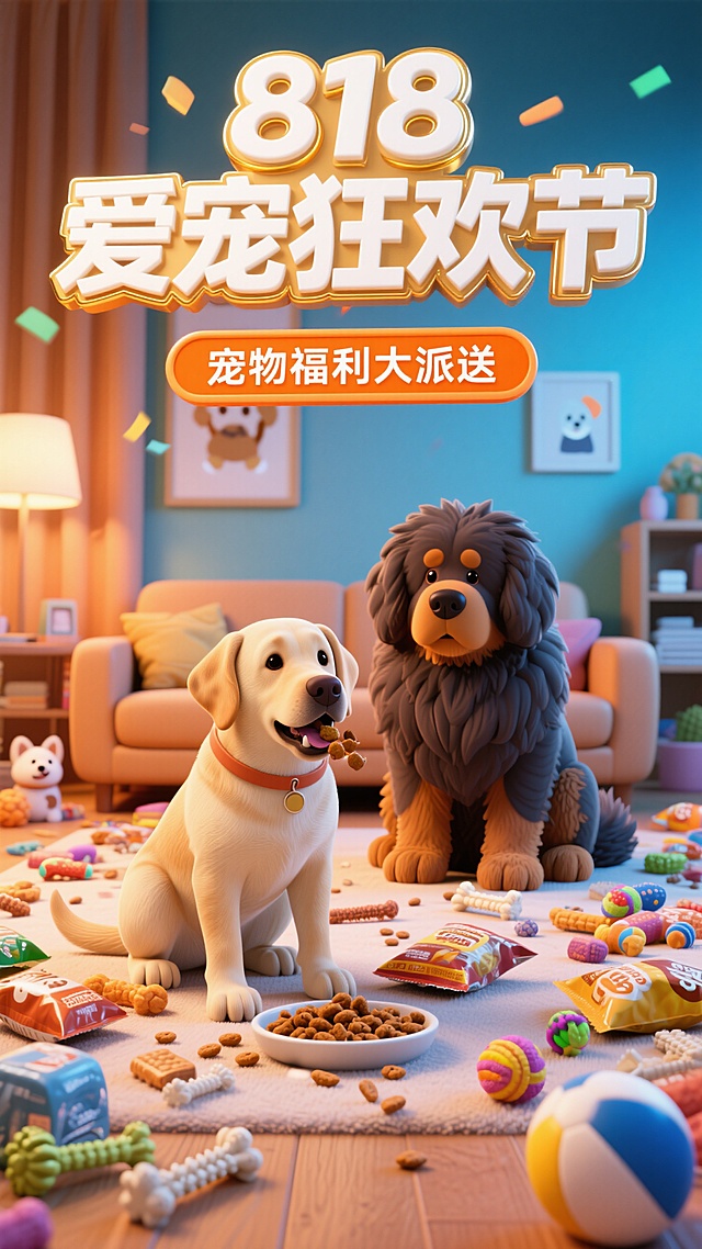 3D卡通风格。顶部（立体鎏金边的白色字标题“818爱宠狂欢节”，标题下面的橙色副标题框内写着“宠物福利大派送”）。主体是一只在吃狗粮的拉布拉多和一只端坐着的藏獒。背景是暖色调的客厅，客厅地上有杂乱放置的狗粮、磨牙棒，玩具球等宠物用品。色彩鲜艳，突出大促狂欢氛围