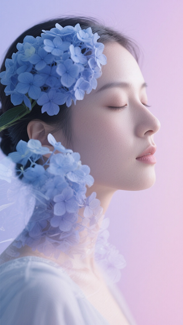 女性侧脸轮廓与盛开的蓝色绣球花双重曝光摄影，柔和的粉紫色渐变背景，低饱和度冷色调配色，细腻的花瓣纹理与女性脸部柔和的线条相互交融，闭目的宁静神情，发丝挽成低发髻，光影朦胧梦幻，整体氛围静谧优雅，画面层次丰富且富有诗意，细腻的光影过渡与柔和的色彩渐变，梦幻般的双重曝光效果，强调轮廓美与花卉的自然质感。