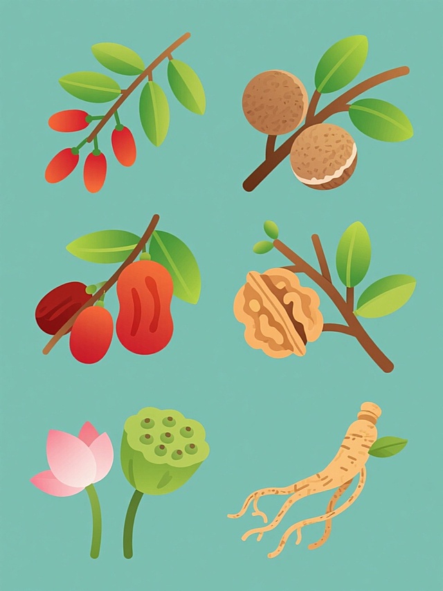 一组6个不同的健康食材插画，保持与原图一致的扁平化矢量风格，每个元素独立呈现，包括:1. 完整的枸杞枝(原图元素),2. 干桂圆果实与枝干,3. 红枣及枣枝,4. 饱满的核桃与核桃枝,5. 莲子与莲蓬,6. 党参根与叶片。所有元素采用相同的色彩体系:果实使用鲜艳的红色系渐变,叶片为明亮的绿色系渐变,枝干为棕色。保持统一的线条风格,边缘平滑无锯齿,色彩过渡自然柔和。元素在纯色背景上整齐排列,形成协调的系列素材集合。
