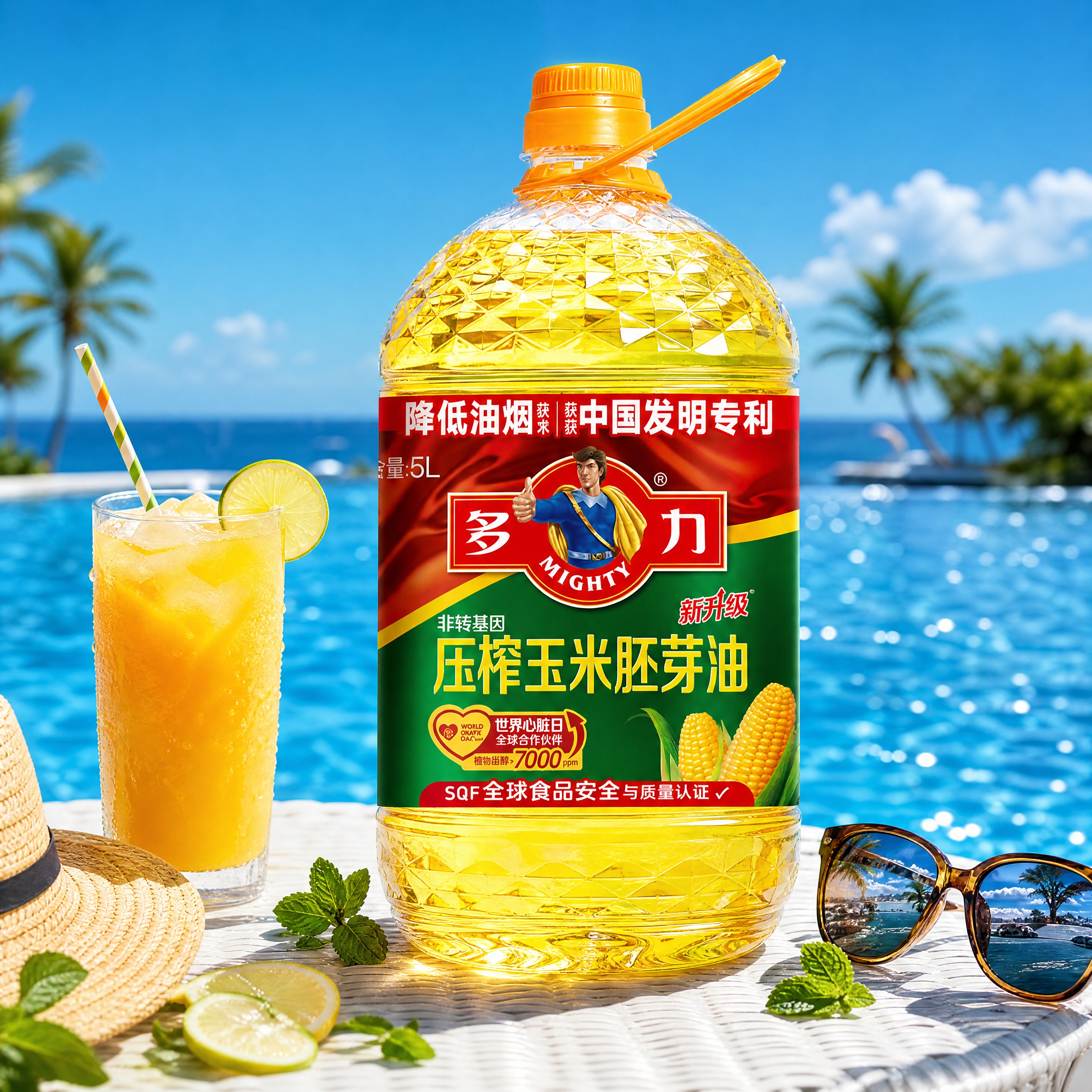 超写实食品商业摄影。 主体：5L装玉米油桶严格参照上传产品图，… - 图片创意预览
