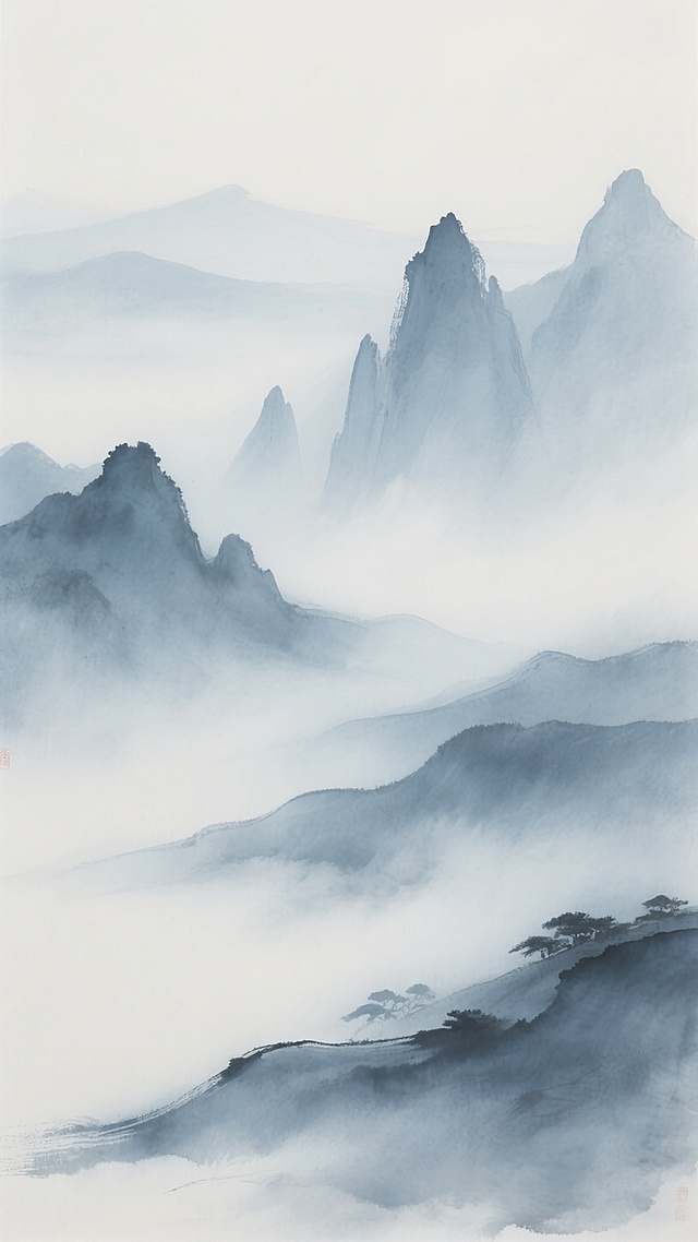 中国水墨画风格，淡雅的蓝灰色调，以留白和淡墨营造空灵悠远的意境，画面下方以湿润的笔触描绘层叠错落的远山轮廓，山间云雾缭绕，采用远近层次感构图，水墨在宣纸上自然晕染出朦胧质感，展现传统山水的写意韵味，变换造型后的山峦形态更显灵动，或呈奇峰耸立状，或似平缓丘陵，保持整体水墨韵味与静谧氛围不变，无文字及标识。