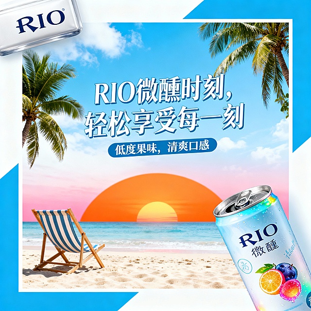 帮我生成一张rio品牌的罐装鸡尾酒海报，要包括主题、风格、色彩、场景等要素，要体现出品牌名和核心卖点，还有logo的位置，构图用四角构图