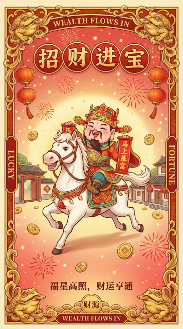 国潮年味风海报，以票据为原型的国潮设计画面，渐变红底色，外围是鎏金缠枝莲与金蟾衔宝边框，中央为一匹白马背上坐着财神，财神手持红色对联，对联上有金色文字“马上暴富”，财神服饰华丽喜庆，白马呈马踏飞燕姿势预览效果