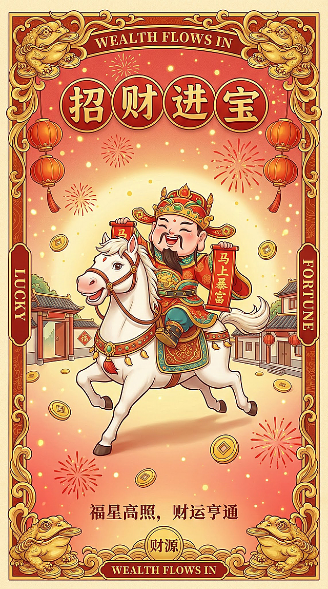 国潮插画风，拟人财神骑白马，鎏金浮雕边框，喜庆红金配色，卡通元素融合传统符号，传递春节招财进宝祝福。
