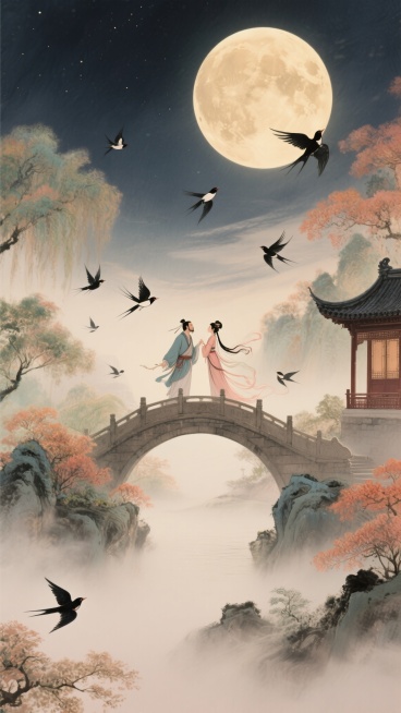 浪漫古风，肌理磨砂质感，融合陈家泠水墨风格与莫奈自然风光色彩，暖色的圆月高悬夜空，牛郎织女在鹊桥上相会，周围有唯美自然风光、中式建筑、飞舞的喜鹊，大面积的雾弥漫其间，氛围梦幻唯美预览效果
