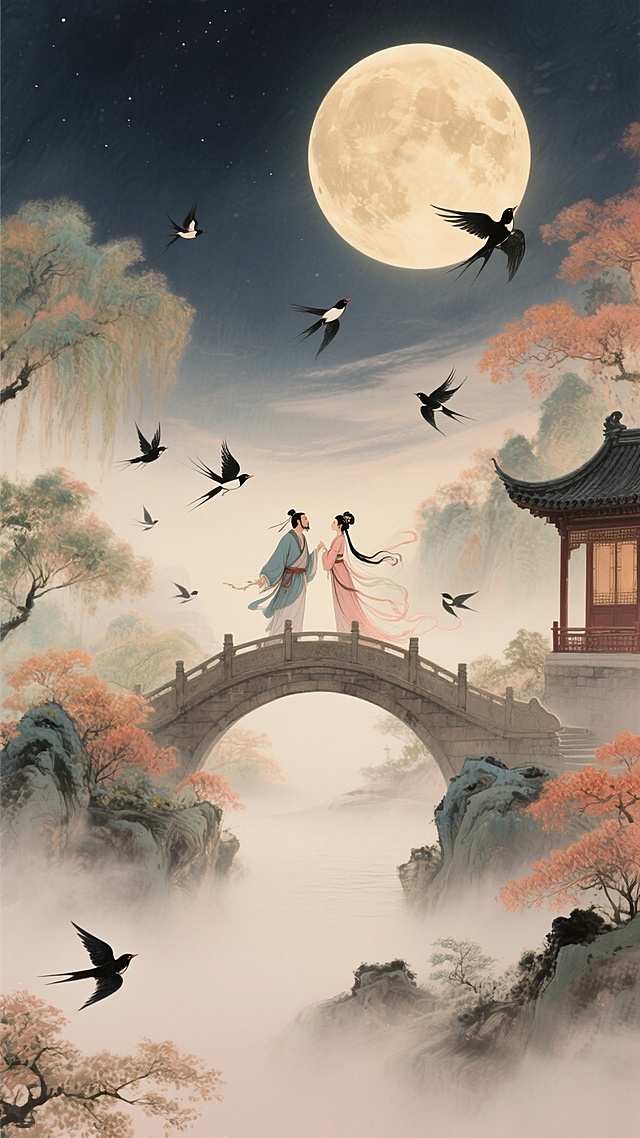 浪漫古风，肌理磨砂质感，融合陈家泠水墨风格与莫奈自然风光色彩，暖色的圆月高悬夜空，牛郎织女在鹊桥上相会，周围有唯美自然风光、中式建筑、飞舞的喜鹊，大面积的雾弥漫其间，氛围梦幻唯美