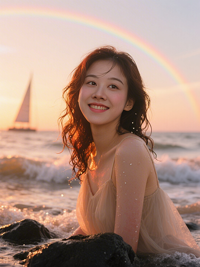 梦幻光影交织，水彩风晕染海天，彩虹与帆影共舞，温柔粒子轻拂发梢，唯美感与实景感交融，浪漫夏末邂逅。