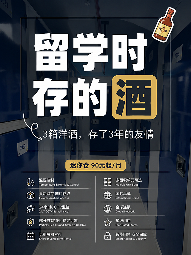 小红书笔记大字封面，配图大字，ins 清新情感风，版式精美，小红书笔记封面质感，适合信息流点击。主标题必须完整呈现且为画面视觉中心，逐字锁定：「留学时存的酒」。主标题字号占画面约 50% 视觉权重，清晰可读，不得增删改字。副标题：「3箱洋酒，存了3年的友情」。装饰短句/角标：「迷你仓 90元起/月」。卖点小字区（画面底部或侧边，用小号字分两列整齐排列，中英文对照，作为补充信息，不抢主标题）：温湿控制 Temperature & Humidity Control / 灵活取存 随时存取 Flexible Anytime Access / 24小时CCTV监控 24/7 CCTV Surveillance / 部分自有物业 稳定可靠 Partially Self-Owned, Stable & Reliable / 长租短租皆可 Short or Long-Term Rental / 多面积单元可选 Multiple Unit Sizes / 国际品牌 International Brand / 全球连锁 Global Network / 星级门店 Star-Rated Stores / 智能门禁 安全保障 Smart Access & Security。背景：采用用户【图1】迷你仓走廊实景作全屏底图，叠加半透明深色遮罩以突出标题，保留蓝色储物柜与通道纵深感。标题排版：扁平超粗黑体，白字，居中偏上，关键词「酒」加暖金色色块底框高亮；仅主副标题为中文，卖点小字为中英文对照小字号。配图：【图1】作为背景底图全屏铺底，画面下半保留储物柜通道透视，上半留给大字标题，底部留出卖点小字区域。装饰：右上角 1 个酒瓶 emoji 小贴纸；左下角 1 个手绘弯曲箭头指向副标题；另加细白色线框包裹标题区，增强精致感；卖点区用细分割线与主标题区分。整体氛围：温柔治愈、故事感、留学回忆与友情温度，同时传递专业可靠的仓储品牌感。画质：高清细腻，信息层级清晰，主标题与背景强对比（深遮罩+白字+色块底），文字完整处于安全区内不可裁切，四周留安全边距。画面比例 3:4，4K。图生图：严格使用用户上传图片，【图1】= 迷你仓实景背景底图，保留蓝白储物柜与走廊结构，叠加遮罩与大字标题及底部卖点小字。