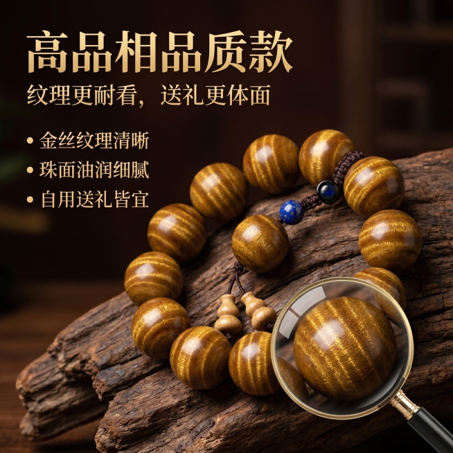 制作淘宝推广创意图，产品为金丝楠木手串，必须保持原图手串的结构、珠径、纹理、颜色和油润光泽完全一致。定位高品相利润款，整体风格为高端文玩感、新中式轻奢、沉稳雅致。背景使用深色原木搭配柔和暖光，加入局部预览效果