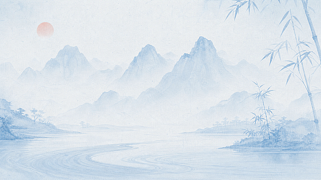 参考原图片的浅青蓝色水墨山水风格，重新生成带有远山、江水、竹子和圆形落日的中式雅致背景