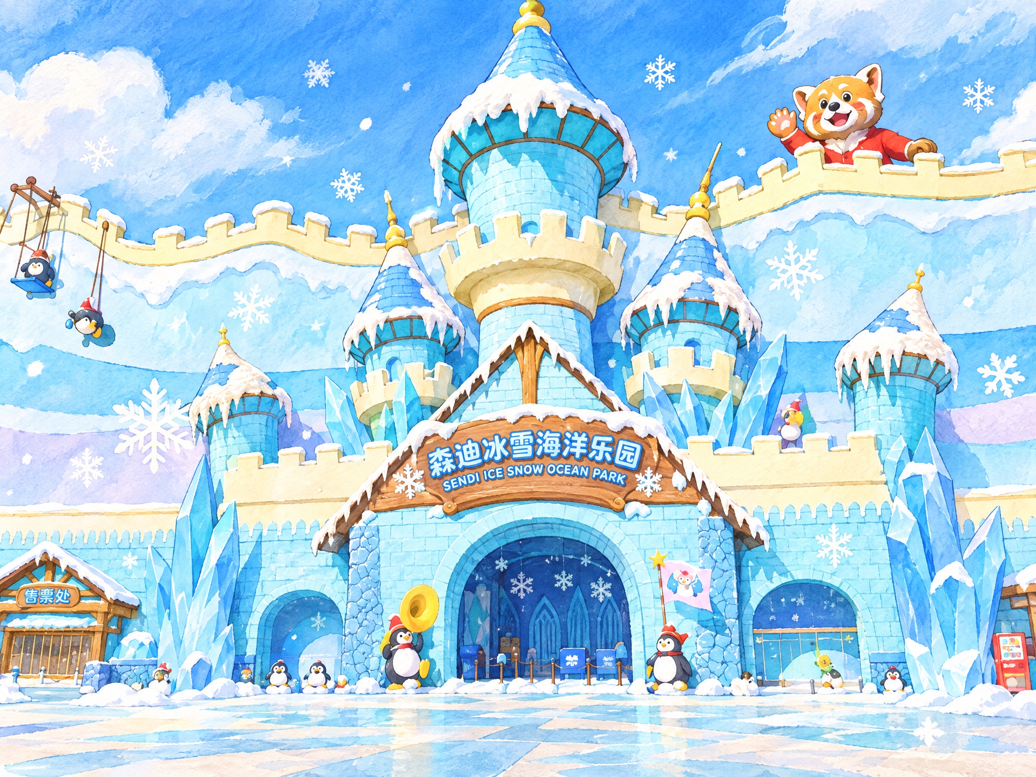 将这张森迪冰雪海洋乐园的城堡建筑照片转换为手绘插画风格，保留城… - 图片创意预览