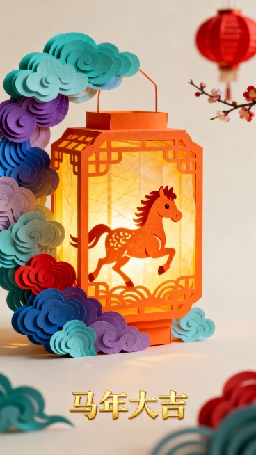 帮我生成图片：精美绝伦的中国传统 3D 立体纸雕灯笼装置，主体，核心视觉焦点：灯笼内一匹奔腾的可爱剪纸小马造型，暖橙色灯笼框架，透出明亮而温暖的黄色光芒，灯笼左侧和底部环绕着层层叠叠的彩色祥云剪纸（包预览效果