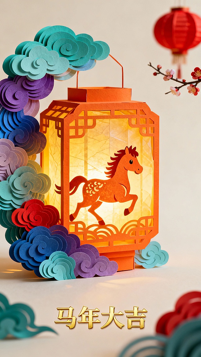 美绝伦的中国传统 3D 立体纸雕灯笼装置，主体，核心视觉焦点：灯笼内一匹奔腾的可爱剪纸小马造型，暖橙色灯笼框架，透出明亮而温暖的黄色光芒，灯笼左侧和底部环绕着层层叠叠的彩色祥云剪纸（包含青色、蓝色、紫色、红色的渐变），形成立体的浮雕效果，干净的米白色纯色背景，右上角有虚化的红色灯笼和一枝梅花作为前景点缀，强调内部光源的背光效果，使剪纸材质呈现出半透明的质感，纸张纹理真实，色彩饱和度高，光影层次丰富