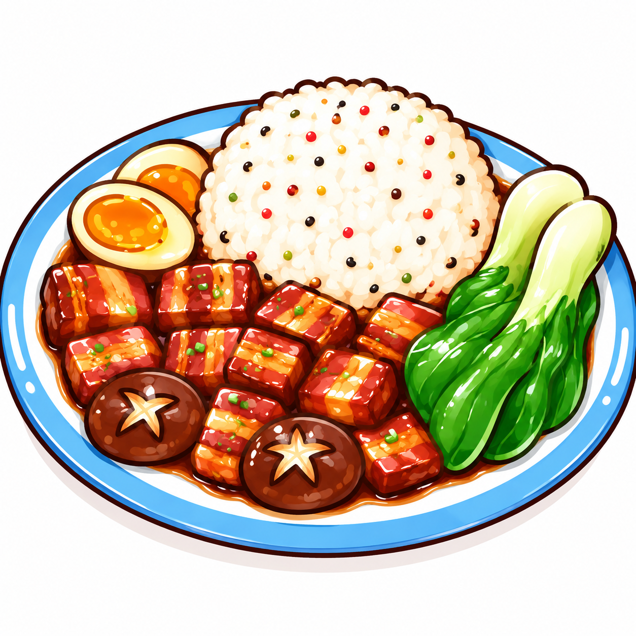 叉烧饭美食插画，Q版卡通手绘风格，粗黑描边，鲜艳饱满的色彩，光… - 图片创意预览