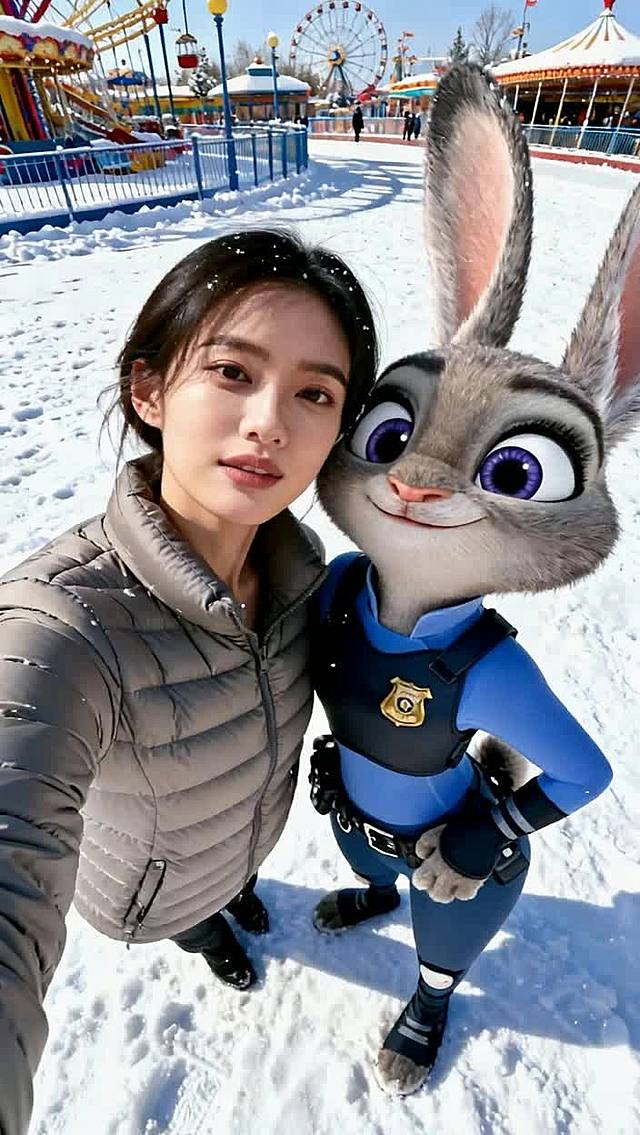 卡通感十足的3D角色与真人互动，虚拟现实技术打造梦幻雪地游乐园场景，节日氛围浓厚。