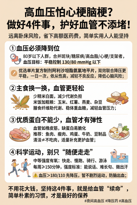 高血压防心梗脑梗健康科普信息图，主标题"高血压怕心梗脑梗？做好4件事，护好血管不添堵！"，副标题"远离卧床风险，省下高额医药费，简单实用人人能坚持"，内容分为四点：①血压必须降到位：80岁以下人群，合预览效果