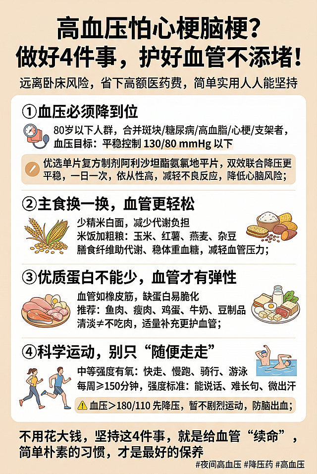高血压防心梗脑梗健康科普信息图，主标题"高血压怕心梗脑梗？做好4件事，护好血管不添堵！"，副标题"远离卧床风险，省下高额医药费，简单实用人人能坚持"，内容分为四点：①血压必须降到位：80岁以下人群，合并斑块/糖尿病/高血脂/心梗/支架者，血压目标：平稳控制 130/80 mmHg 以下，优选单片复方制剂阿利沙坦酯氨氯地平片，双效联合降压更平稳，一日一次，依从性高，减轻不良反应，降低心脑风险；②主食换一换，血管更轻松：少精米白面，减少代谢负担，米饭加粗粮：玉米、红薯、燕麦、杂豆，膳食纤维助代谢、稳体重血糖，减轻血管压力；③优质蛋白不能少，血管才有弹性：血管如橡皮筋，缺蛋白易脆化，推荐：鱼肉、瘦肉、鸡蛋、牛奶、豆制品，清淡≠不吃肉，适量补充更护血管；④科学运动，别只“随便走走”：中等强度有氧：快走、慢跑、骑行、游泳，每周≥150分钟，强度标准：能说话、难长句、微出汗，⚠️ 血压＞180/110 先降压，暂不剧烈运动，防脑出血；结语"不用花大钱，坚持这4件事，就是给血管“续命”，简单朴素的习惯，才是最好的保养"，右下角标签#夜间高血压 #降压药 #高血压，整体风格简约专业清晰的医疗科普信息图，暖浅色调背景，图文排版整齐，干净易读，突出重要信息