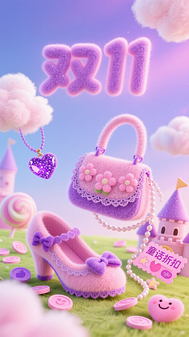 粉色系鞋包，搭配城堡、糖果等元素，“童话折扣” 凸显双 11 梦幻氛围