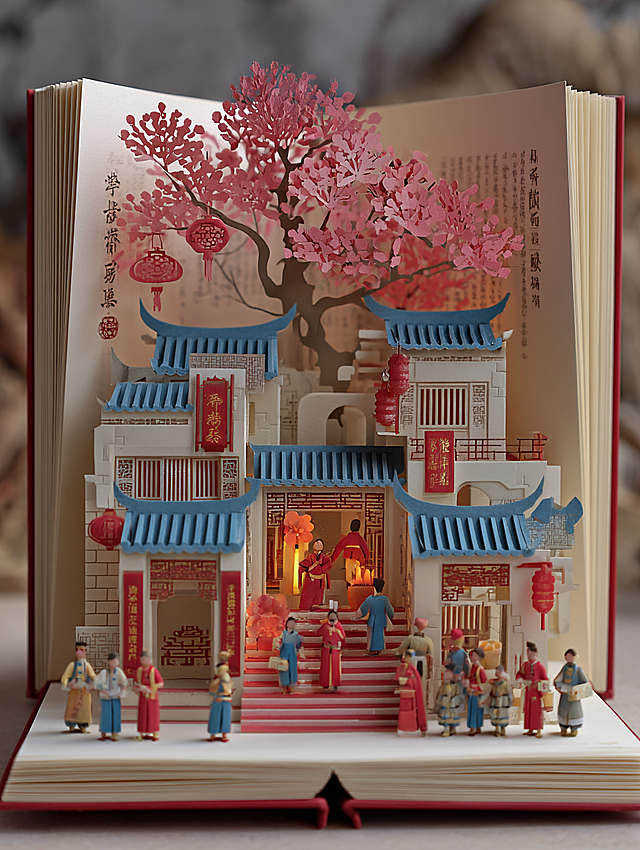 New Chinese paper-cut art style, 3D pop-up book unfolding effect, core scene is traditional Minnan ancient house New Year custom of ancestor worship and祈福, overall symmetrical composition. The main body of the picture is an open off-white pop-up book, with red walls and blue-tiled Chinese ancient house buildings carved on the inner pages, with upturned eaves, hanging large red lanterns and Chinese knots. On the left is a paper-cut tree full of pink plum blossoms, and on the right is a Chinese-style gatehouse; in the middle is an altar with incense burners and offerings, with red Spring Festival couplets that read "接福迎祥" and "迎神纳福". Inside the pop-up book, there are multiple paper-cut figures dressed in red, blue, and beige traditional costumes, with different postures, some kneeling to pray, some holding incense candles, and some children playing. The background is a pure Chinese red gradient with delicate textures, the overall light and shadow are soft, the edges are sharp, the paper-cut has a strong sense of layering, full of a strong New Year festive atmosphere, Chinese aesthetics are full, 8K high definition, rich details