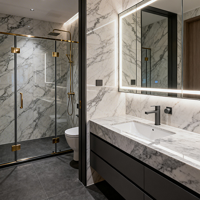轻奢风卫生间另一角度，精致高级空间，潘多拉大理石纹大砖，深灰色地面，岩板一体盆配枪灰色五金，极窄边框淋浴房配拉丝金合页，智能镜柜灯带，整体高级氛围感