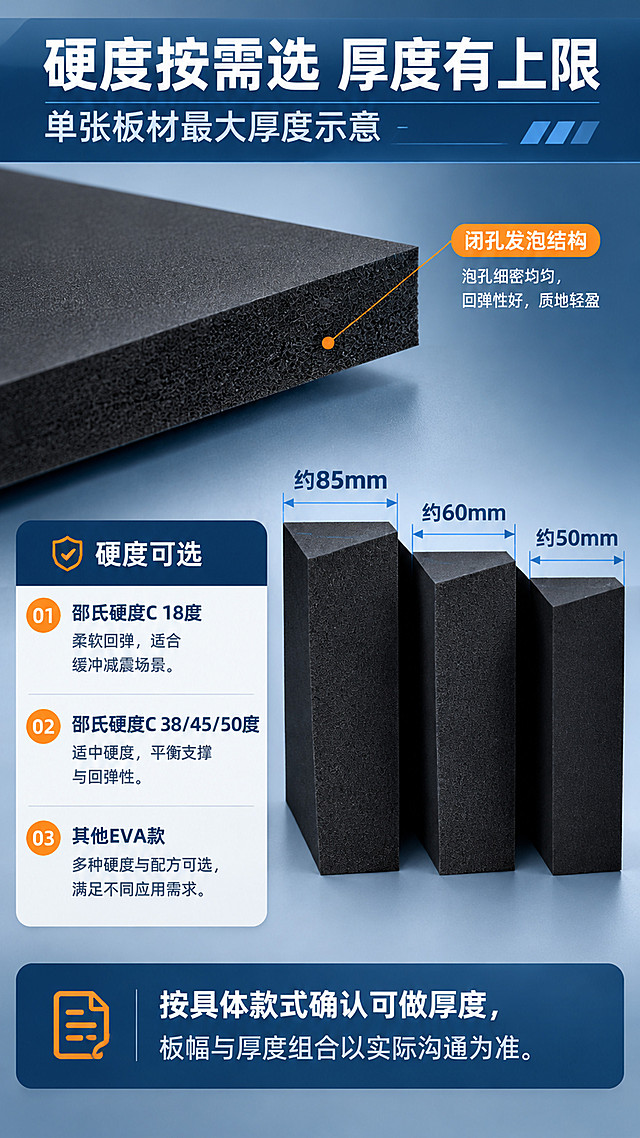 【第3张 硬度与结构解析·引线标注型】
[商品] 使用图1黑色EVA泡棉板材作为主体（图2白色板材与图4-图11参考图仅作同款款色与版式参照，借鉴其硬度表、厚度标注的信息结构，不照搬画面）。保留黑色板材方正板型、平直切割边、细密哑光发泡肌理与多层叠放关系，不得改变颜色与厚度比例。
[画面] 目标：讲清板材硬度可选与单张厚度上限。画面中部偏左为一块黑色板材斜置剖面特写，断面可见均匀闭孔泡棉质感；右下并排三块厚度递减的黑色板材断面，配蓝色尺寸引线；左侧为深藏青硬度信息卡区，产品占画面约65%，阅读动线自左上至右下。
[视觉] 套系策略：风格=专业工业定制类蓝白商务商业摄影；标题字=粗黑体；正文字=中等黑体；主色=深藏青蓝；背景延展=以深藏青蓝为基准做深浅层级与同色冷调磨砂渐变，卡面用磨砂纸感肌理；强调色=亮橙，仅用于小面积图标、引线、编号与标签；标题色=白与深藏青；正文色=深灰蓝；组件=圆角白色信息卡、细线引线、编号胶囊、参数表格；光影=左前侧柔光并带轻微轮廓光，产品信息面清晰。
[文字] 顶部深藏青标题条白字主标题「硬度按需选 厚度有上限」，其下一行副标题「单张板材最大厚度示意」；右侧三块板材用蓝色尺寸引线横排标注「约85mm」「约60mm」「约50mm」；左下硬度信息卡横排三项「邵氏硬度C 18度」「邵氏硬度C 38/45/50度」「其他EVA款」并各配一句短说明；底部结论条横排「按具体款式确认可做厚度，板幅与厚度组合以实际沟通为准」。所有文字横向排版，不遮挡板材主体。
[规格] 9:16竖版，4K，避免变形、错字、文字过小、竖排或旋转文字、二维码、水印、平台角标、绝对化用语、虚构参数、板材颜色与剖面结构改变。