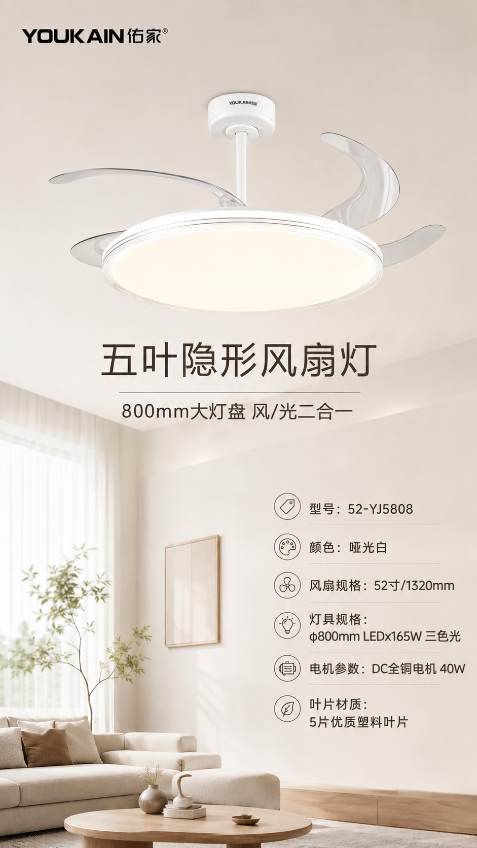 基于原图修改右侧参数文字：1. 风扇规格改为：52寸/1320… - 图片创意预览