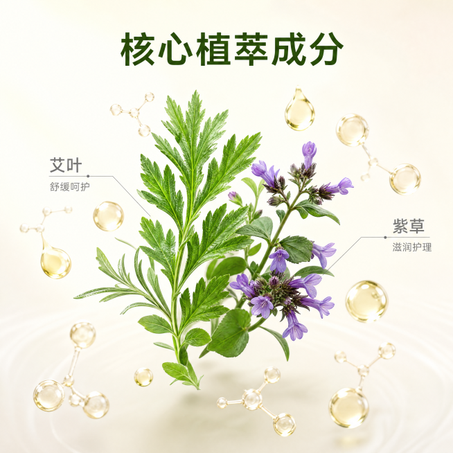 [主图-2] 艾叶紫草膏核心成分解析图。[氛围风格] 专业自然科研风，通透干净。[画质] 商业高精度3D渲染，清晰锐利，细节丰富。[元素] 画面中心展示悬浮的新鲜艾叶、紫色紫草、艾草等真实植物原料，周预览效果