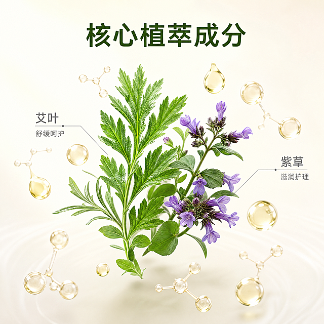 [主图-2] 艾叶紫草膏核心成分解析图。[氛围风格] 专业自然科研风，通透干净。[画质] 商业高精度3D渲染，清晰锐利，细节丰富。[元素] 画面中心展示悬浮的新鲜艾叶、紫色紫草、艾草等真实植物原料，周围点缀透明精油水滴和柔和的3D植物分子结构，用纤细浅灰色引线对应标注各成分名称：「艾叶 舒缓呵护」「紫草 滋润护理」，整体排版简约直观。背景为干净的浅米白色渐变，整体构图居中对称，疏密有致。[光影] 柔和均匀布光，植物叶片纹理清晰，精油水滴通透有光泽，整体画面明亮干净。[配色] 主色调浅米白+草绿+紫，自然清新。[文字版式] 顶部居中放置大字标题「核心植萃成分」，深绿色加粗字体，成分标注采用小一号浅灰色字体，清晰不抢主体，文字均不遮挡主要元素。[比例分辨率] 1:1 比例，4k分辨率，文字清晰，画面超高清。[负向提示词] 变形，水印，文字错乱，背景杂乱，元素遮挡，色彩浑浊