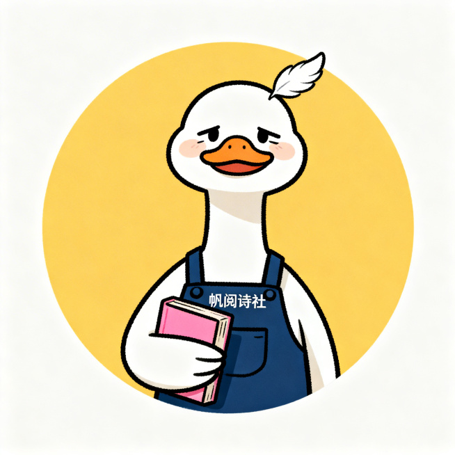 一只可爱的白色卡通鹅，戴着深蓝色工装围裙，围裙上写有"帆阅诗社"小字，手里抱着一本粉色封面的诗集，眼睛下面有淡淡的黑眼圈，露出疲惫但乐观的微笑，头顶飘着一片白色羽毛。纯色圆形背景，暖黄色，扁平插画风格预览效果
