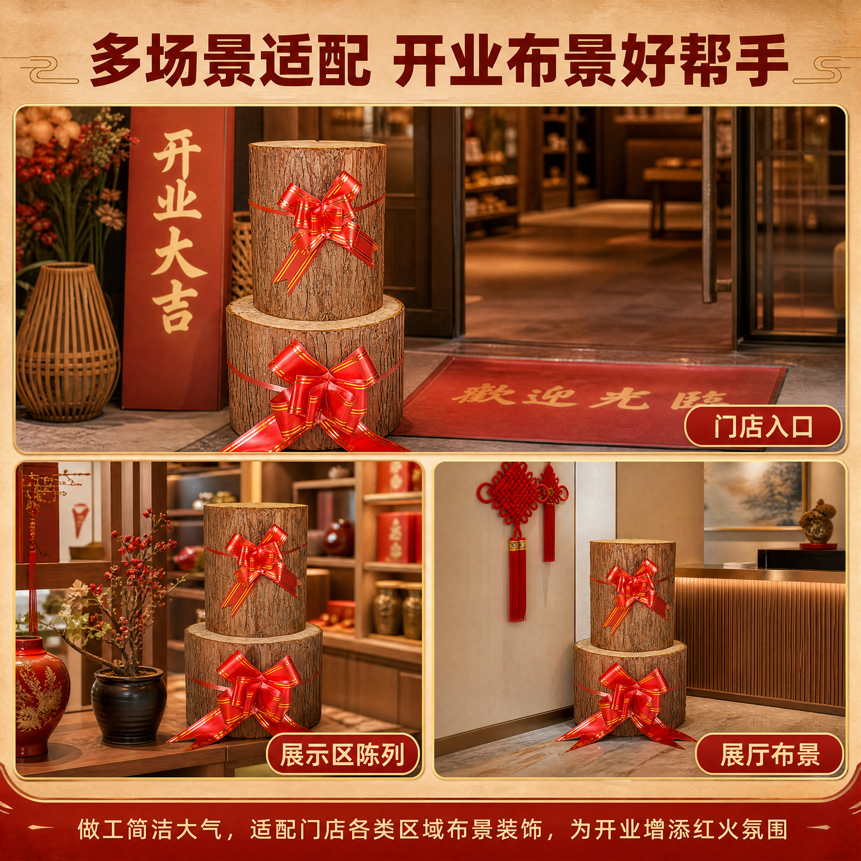 [商品] 使用【图4】杉墩木段配红绳花落地摆件；保留杉木段木墩… - 图片创意预览