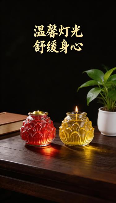 电商详情页第十二页，场景展示，点燃状态放置于书房桌面，搭配书本和绿植，营造安静温馨氛围，纯黑色背景，产品保持原图样式不变，文字内容：“温馨烛光 舒缓身心”金色书法字体，不出现宗教祈福相关内容预览效果