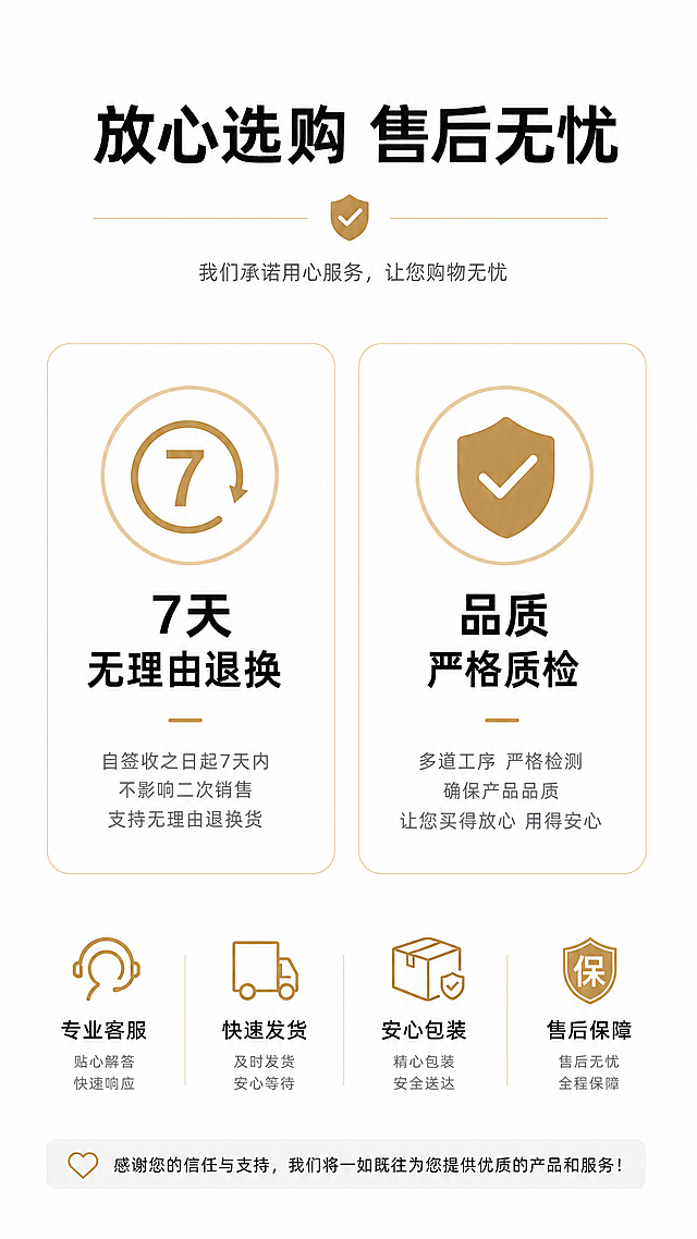 [第8屏] 淘宝天猫详情页服务售后页-展示售后保障承诺，顶部标题 "放心选购 售后无忧"，包含 "7天无理由退换\n品质严格质检"，简洁干净白底，9:16，4K，文字清晰