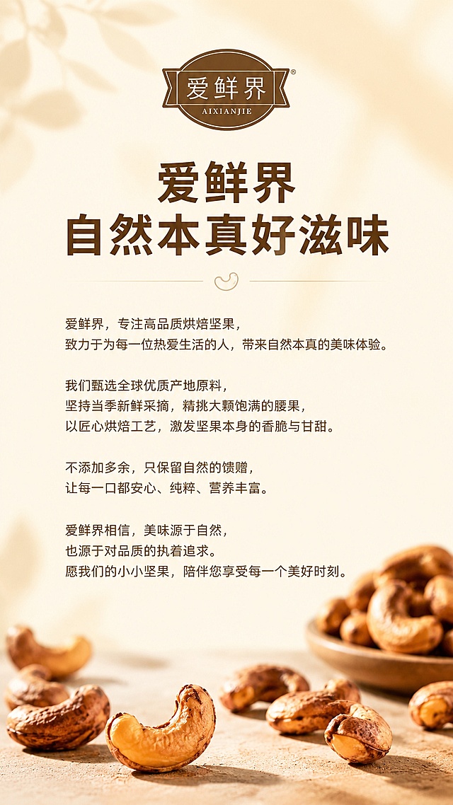 「图片1」，生成一套详情页，商品名称为烘烤腰果，适配淘宝/天猫平台，单图比例为9:16，需求屏数为15张，要求有品名，严选标准，产地，卖点，营养价值，产品细节图，配料表（保质期8个月），食用场景图（下午茶、野餐露营、追剧），设计风格上，绿色少一点，考虑烘烤感的腰果，要求有食欲，「爱鲜界」品牌简介
儿时总贪恋村口果园的鲜果滋味，长大后却难寻纯粹本味。
「爱鲜界AIXIANJIE」团队走遍各地核心产区，与果农相伴，等候果实自然成熟，从枝头直达车间，努力不保留新鲜灵气。

摒弃繁杂添加剂，用匠心工艺烘焙坚果、慢制蜜饯，守住果实天然香甜。

我们坚信，好零食不该只有口感，更要有安心与人间温度。

以原产地好果为底色，以真诚匠心为内核，把山野清风、阳光果香送往千家万户。

忙碌间隙拆开，一口尝到自然本真，让简单零食，盛满治愈、健康与温柔烟火气。