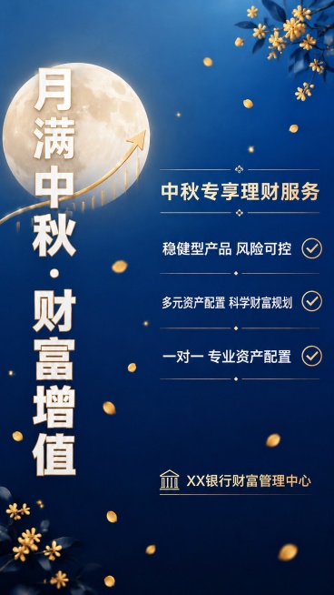 在原图基础上修改，将第二行产品信息文字"收益稳定 长期增值"修改为"多元资产配置 科学财富规划"，保持其余内容、整体风格、配色和排版完全不变。现代简约风格中秋节银行理财海报，整体配色蓝金高级配色，深邃预览效果