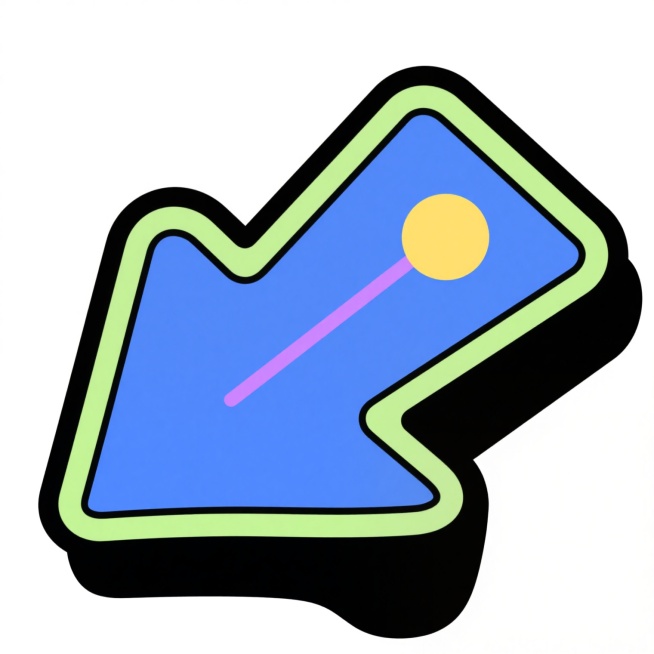 一个靛蓝色的卡通风格箭头图标，箭头朝向左下方，边缘有薄荷绿描边，箭头内部有一条粉紫色高光线条和一个柠檬黄圆点，整体设计简洁、扁平、可爱，具有现代感，适合作为指示图标使用，背景为纯白色。预览效果