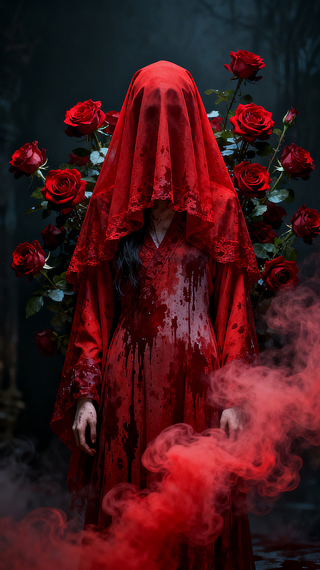小说封面，一个穿着红色嫁衣的鬼新娘，头上盖着红色盖头不露出脸，嫁衣沾着血迹，身后是绽放的红色玫瑰花，前方飘散着红色烟雾，整体氛围诡异惊悚，绽放着诡异的美，悬疑恐怖风格，色调偏暗，氛围感强烈