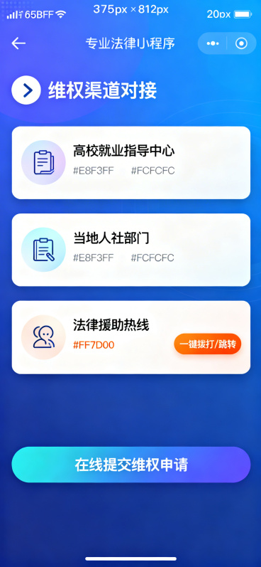 微信小程序维权渠道对接详情页设计，尺寸375px × 812px，20px圆角。导航栏品牌主渐变#165DFF到#2F7BFF从上到下，左侧白色返回图标和白色文字"维权渠道对接"。导航栏下方三个渠道卡预览效果