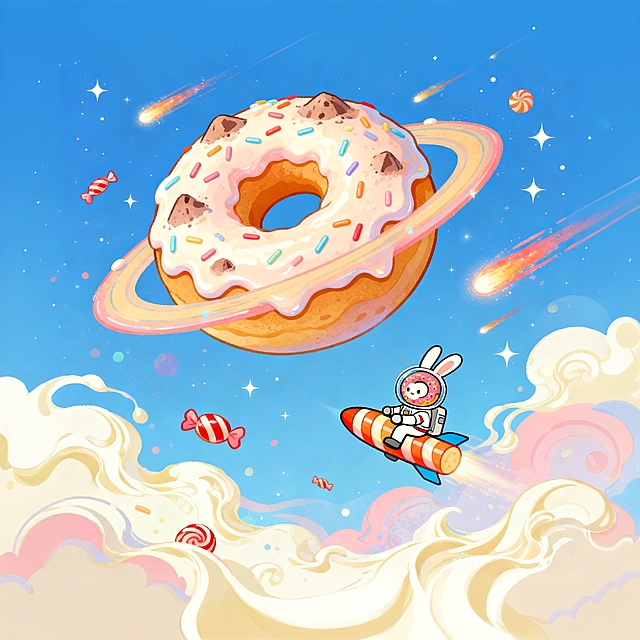 梦幻糖果宇宙，拟人兔子乘火箭飞向甜甜圈星球，插画风与波普艺术结合，甜蜜可爱，充满卡通感与虚拟现实想象力。