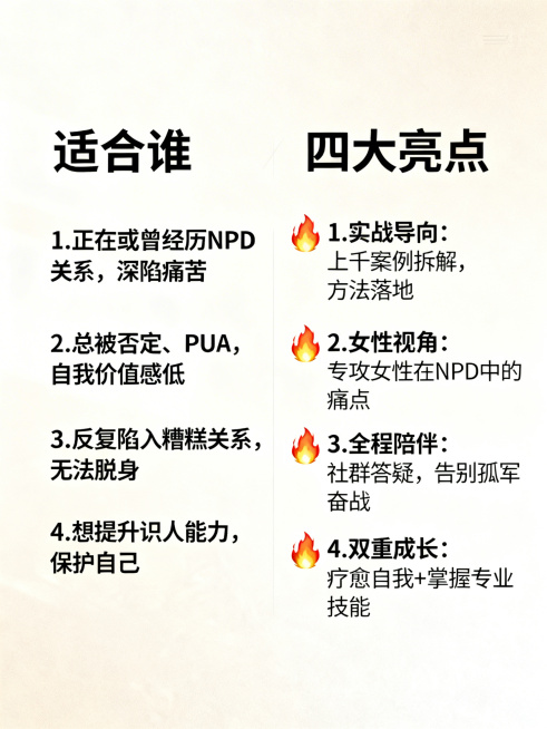 浅色系简约图文排版海报，左侧标题"适合谁"，下方四个项目：1.正在或曾经历NPD关系，深陷痛苦；2.总被否定、PUA，自我价值感低；3.反复陷入糟糕关系，无法脱身；4.想提升识人能力，保护自己。右侧标预览效果