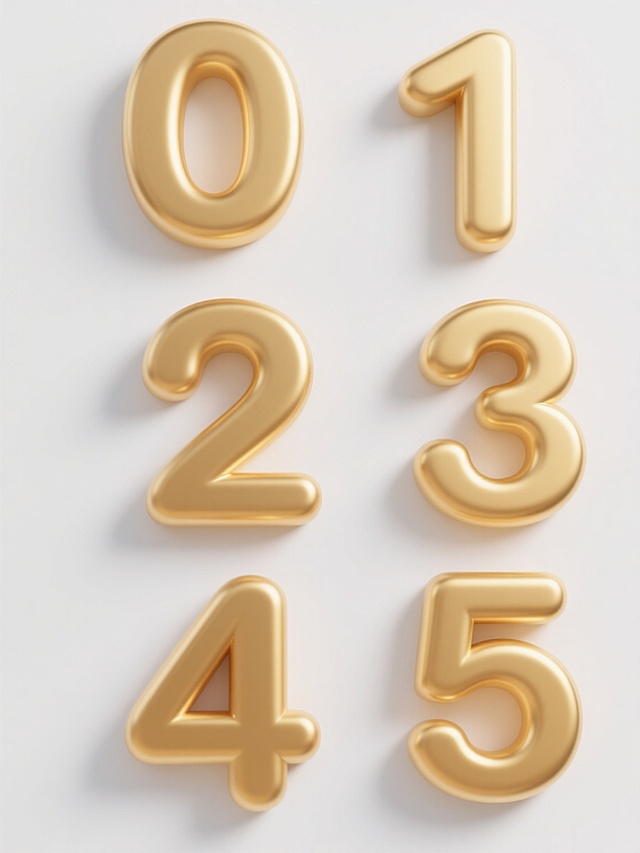 6个完全不同的金色3D立体数字（0、1、2、3、4、5），每个数字均具有光滑圆润的边缘、统一的金黄色金属质感、柔和的高光反射及底部自然阴影，整体呈现简洁现代的设计风格，以规整的网格状排布于纯白色纯色背景上，数字大小一致且间距均匀，无任何文字、LOGO及二维码元素。
