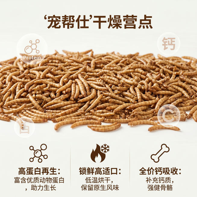 1:1 正方形电商主图，宠帮仕面包虫干营养卖点海报，纯净米白色哑光质感背景，画面主体为平铺的面包虫干，背景使用低透明度的营养成分图标（蛋白质、钙元素）作为装饰。画面底部横向三栏展示卖点，搭配简约图标：预览效果