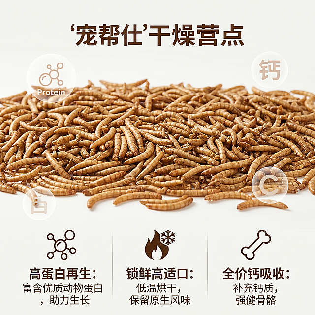 1:1 正方形电商主图，宠帮仕面包虫干营养卖点海报，纯净米白色哑光质感背景，画面主体为平铺的面包虫干，背景使用低透明度的营养成分图标（蛋白质、钙元素）作为装饰。画面底部横向三栏展示卖点，搭配简约图标："高蛋白再生：富含优质动物蛋白，助力生长"，"锁鲜高适口：低温烘干，保留原生风味"，"全价钙吸收：补充钙质，强健骨骼"。整体采用暖棕 + 米白配色，文字清晰易读，版式规整对称，无硬阴影，低饱和暖棕色调，简约轻奢宠物食品风，与主图的低饱和轻奢风格完全统一。