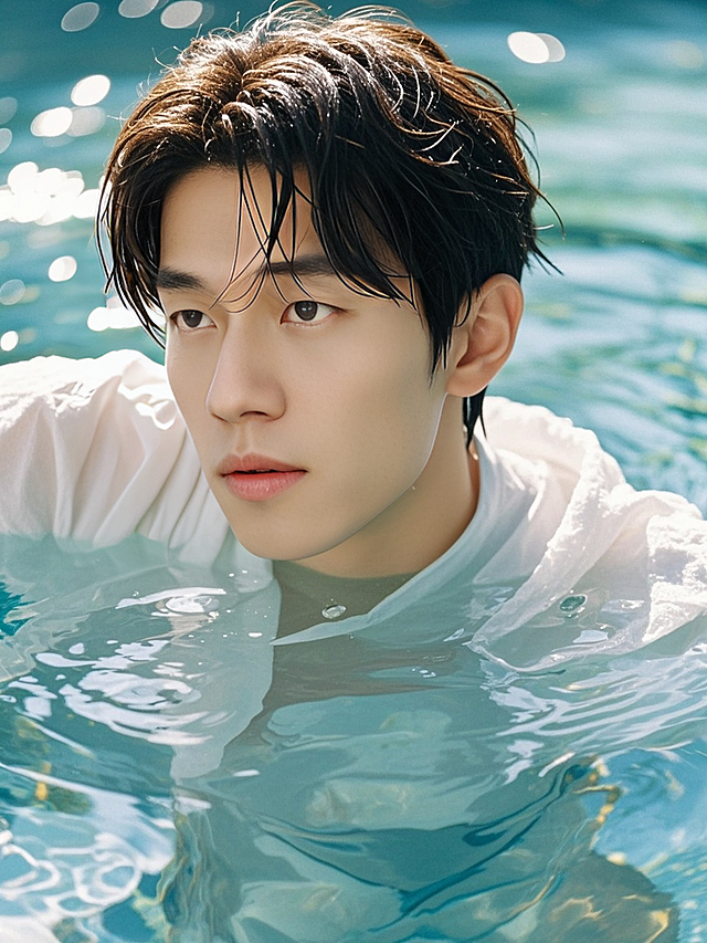 一个男生，水下写真，清透氛围，商业摄影