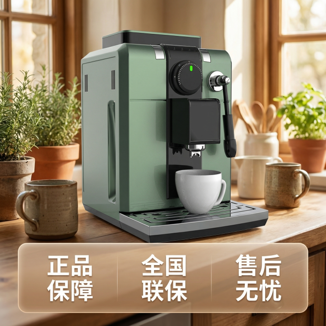 [主图 5] 整机展示与售后保障
[氛围风格] 温馨舒适家居治愈风，自然暖光氛围
[画面元素] 商业摄影质感，光线柔和通透，产品清晰真实，画面干净高级。保持原复古绿色咖啡机外观完全一致，整体居中展示在预览效果